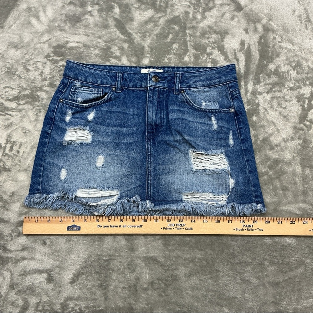 We The Free Denim mini skirt Womens 10 raw fringed hem 5 pocket distressed boho